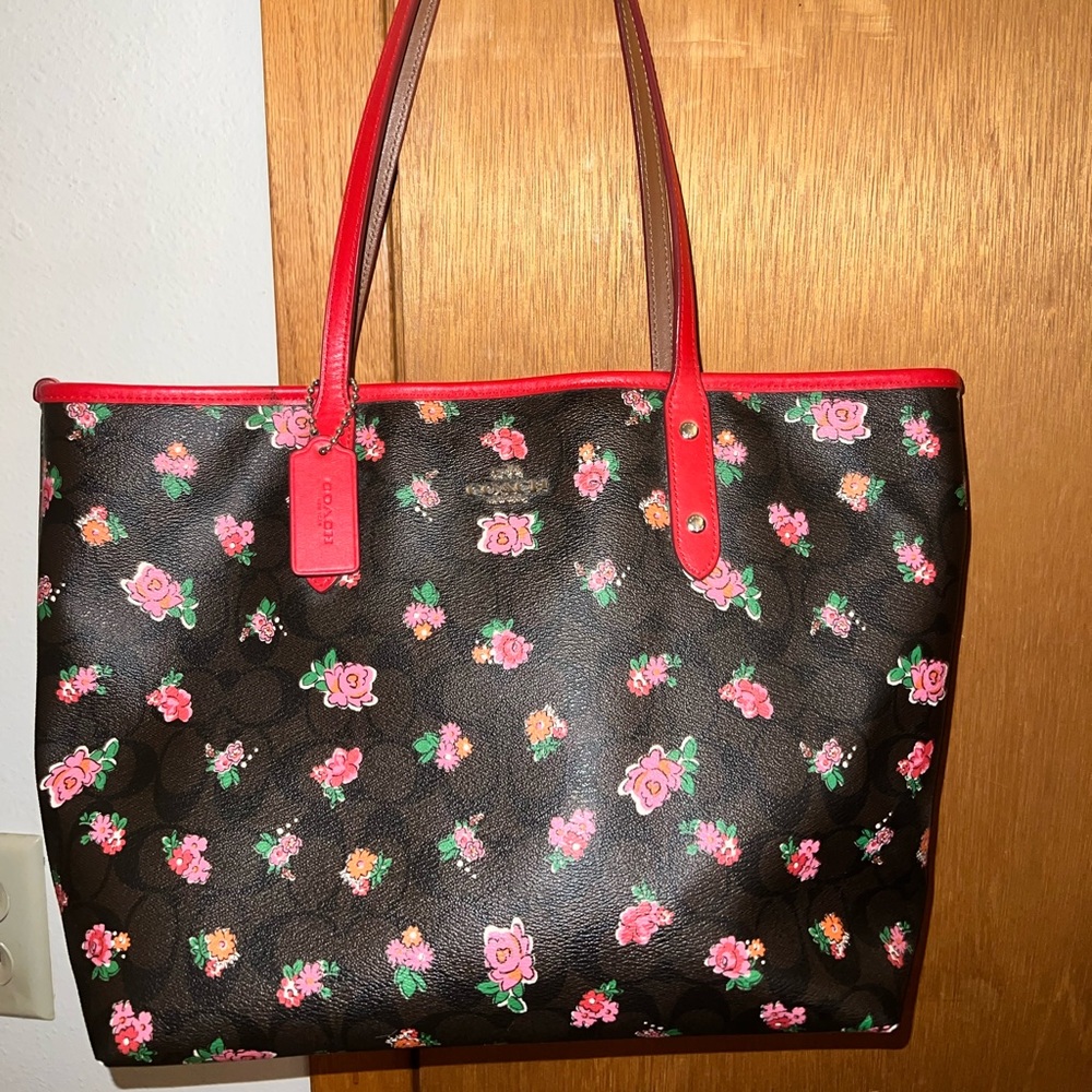 Coach red and brown floral purse
